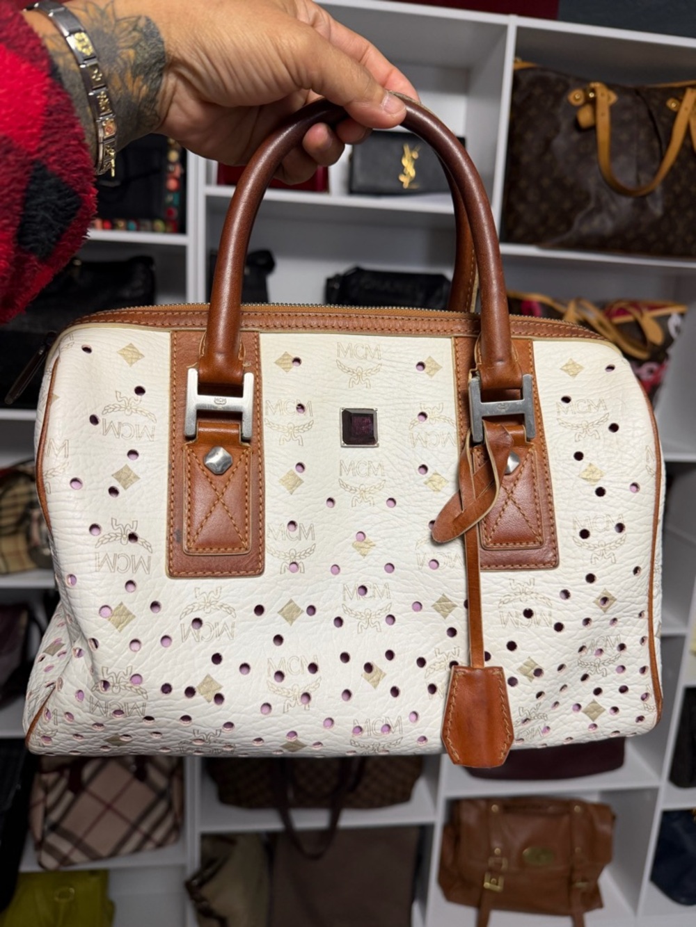 MCM White Perforated Visetos Satchel with Brown Leather Trim